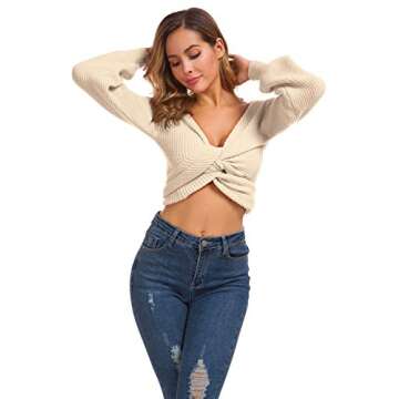 Women's Deep V-Neck Cute Knitted Sweaters Long Sleeve Wrap Front Loose Pullover Jumper Tops Apricot M