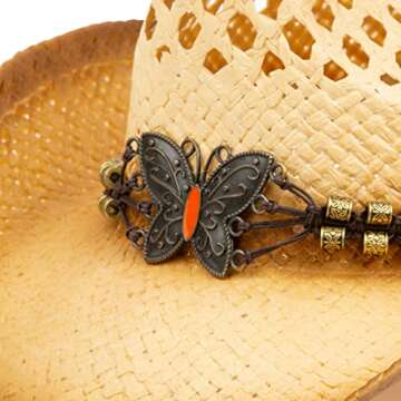 TOVOSO Straw Cowboy Hat for Women and Men with Shape-It Brim, Western Cowboy Hat, Butterfly - Tea Stain