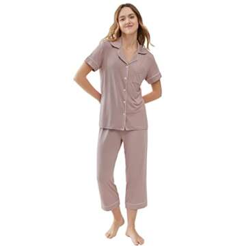 Joyaria Women Viscose Made from Bamboo Pajama Cooling Moisture Wicking Capri Ultra Soft Comfy Pjs Set Hot Flash (Blushing Pink, Medium)