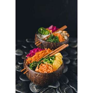 100% Natural Jumbo Coconut Bowl Unique Gift Set. Eco-Friendly Vegan Organic Non-Toxic Reusable Sustainable Smoothie Açai Buddha Kitchen Bowl (Set of 2 Polished Hand-Crafted Handmade Bowls/2 Chopstick)