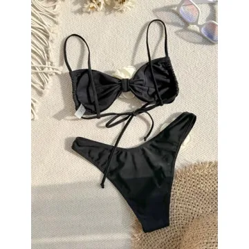 BEAUDRM 2 Piece High Waisted Black Rose Bikini Set