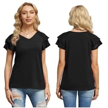 FREEOAK Summer Tops with Double Lace Sleeves for Women