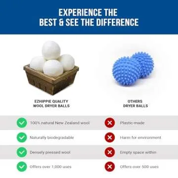 Ezhippie Quality Wool Dryer Balls - 6 XL Pack - 1000+ Loads - Pure Organic Wool - Reusable Natural Fabric Softener Perfect with Essential Oils, Reduce Clothing Static and Wrinkles