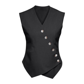 Cicy Bell Womens Waistcoat Vest Sleeveless Blazers V Neck Button Up Asymmetrical Hem Work Office Sui...