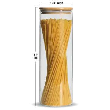Cestari Pasta Storage Jars: Spaghetti Container Glass Pasta Jar with Bamboo Lid, Airtight Dry Food Storage Kitchen Canister for Snacks, Macaroni, Rotini, Noodles, Candy, and More; 1100 ml, 11.5 inches