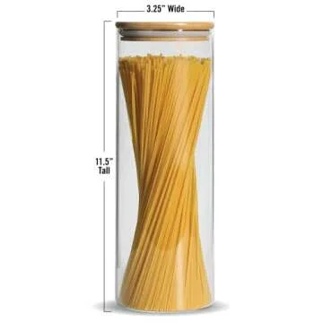 Cestari Pasta Storage Jars: Spaghetti Container Glass Pasta Jar with Bamboo Lid, Airtight Dry Food Storage Kitchen Canister for Snacks, Macaroni, Rotini, Noodles, Candy, and More; 1100 ml, 11.5 inches