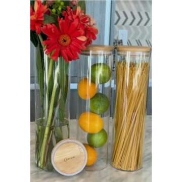 Cestari Pasta Storage Jars: Spaghetti Container Glass Pasta Jar with Bamboo Lid, Airtight Dry Food Storage Kitchen Canister for Snacks, Macaroni, Rotini, Noodles, Candy, and More; 1100 ml, 11.5 inches