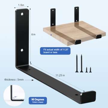 4 Pack - 11.25"L x 6"H x 1.5"W J Lip Shelf Brackets Rustic Farmhouse Iron Wall Floating Shelf Bracke...