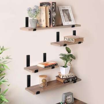4 Pack - 11.25"L x 6"H x 1.5"W J Lip Shelf Brackets Rustic Farmhouse Iron Wall Floating Shelf Bracket Metal Shelf Bracket Industrial Shelf Supports with Screws Black