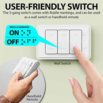 Fosmon Wireless Remote Control Outlet Plug Indoor, Battery Operated Light Switch with Braille On/Off Mark, for Lights, Christmas Tree, No Interference, 15A/1875W, No Wiring & Expandable - 3 Pack