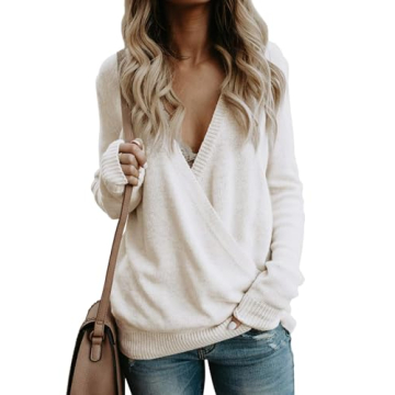 Softome Women's Knitted Deep V-Neck Long Sleeve Wrap Front Sweater Pullover Jumpsuit M A-Beige