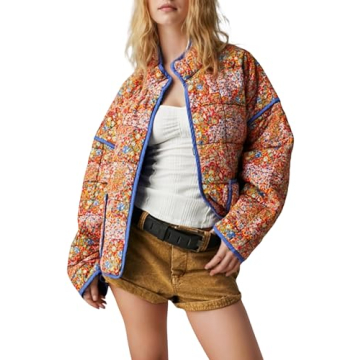 Omoone Women's Cropped Quilted Jacket - Floral Lightweight Puffer Coat