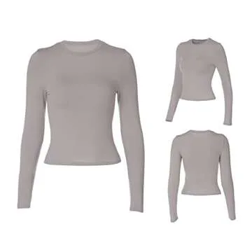 Franhais Women's Casual Basic Crop Tops Slim Fit Long Sleeve Crew Neck Solid Color Fall Pullover Shirts Tight Tee (Light Grey, S)