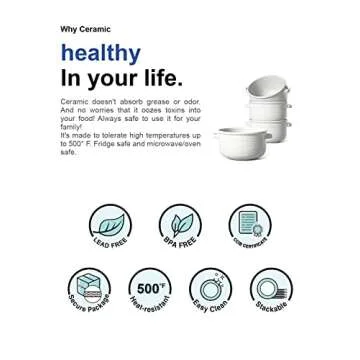 LE TAUCI Soup Bowls with Handles, Ceramic French Onion Soup Bowls 28 Ounces for Soup, Cereal, Chilli, Beef Stew, Stackable Serving Bowls Set, Oven Microwave Dishwasher Safe, Set of 4, White