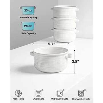 LE TAUCI Soup Bowls with Handles, Ceramic French Onion Soup Bowls 28 Ounces for Soup, Cereal, Chilli, Beef Stew, Stackable Serving Bowls Set, Oven Microwave Dishwasher Safe, Set of 4, White
