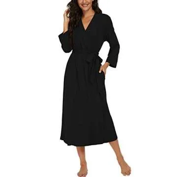 VINTATRE Women Kimono Robes Long Knit Bathrobe Lightweight Soft Knit Sleepwear V-neck Casual Ladies Loungewear Black-Small