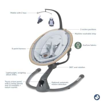 Maxi-Cosi Cassia Baby Swings for Infants: Smart Portable Baby Swing with Music, Lightweight & Foldable Baby Swing, 360 Rotation Infant Swing, Classic Gray