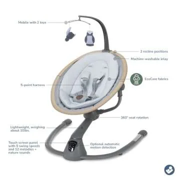 Maxi-Cosi Cassia Baby Swings for Infants: Smart Portable Baby Swing with Music, Lightweight & Foldable Baby Swing, 360 Rotation Infant Swing, Classic Gray