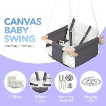 CaTeam - Canvas Baby Swing, Wooden Hanging Swing Seat Chair with Safety Belt, Durable Baby Swing Chair, Outdoor and Indoor Swing for Kids, Mounting Hardware Included, Gray-White