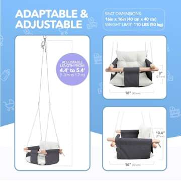 CaTeam - Canvas Baby Swing, Wooden Hanging Swing Seat Chair with Safety Belt, Durable Baby Swing Chair, Outdoor and Indoor Swing for Kids, Mounting Hardware Included, Gray-White
