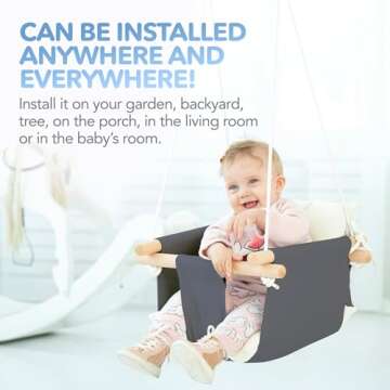 CaTeam - Canvas Baby Swing, Wooden Hanging Swing Seat Chair with Safety Belt, Durable Baby Swing Chair, Outdoor and Indoor Swing for Kids, Mounting Hardware Included, Gray-White