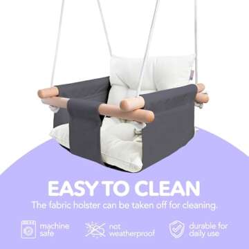 CaTeam - Canvas Baby Swing, Wooden Hanging Swing Seat Chair with Safety Belt, Durable Baby Swing Chair, Outdoor and Indoor Swing for Kids, Mounting Hardware Included, Gray-White