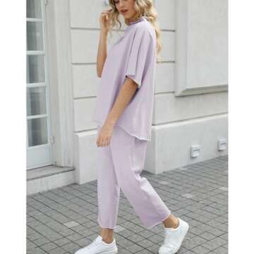 SeeLuNa Women's Two Piece Outfits 3/4 Batwing Sleeve Capelet Crew Neck Pullover Top Wide Leg Pants Lounge Set(Light-Purple,XL)