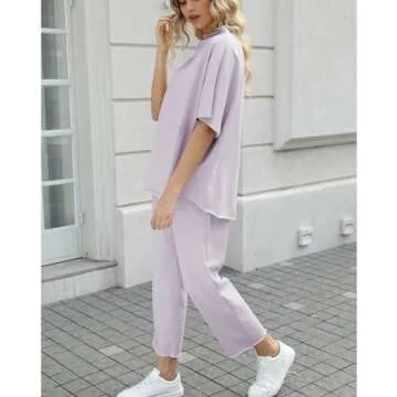 SeeLuNa Women's Two Piece Outfits 3/4 Batwing Sleeve Capelet Crew Neck Pullover Top Wide Leg Pants Lounge Set(Light-Purple,XL)