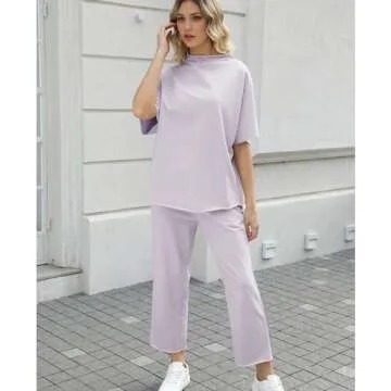 SeeLuNa Women's Two Piece Outfits 3/4 Batwing Sleeve Capelet Crew Neck Pullover Top Wide Leg Pants Lounge Set(Light-Purple,XL)