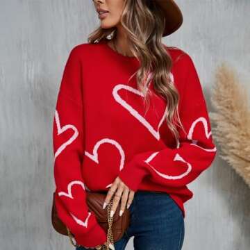 Women's Oversized Cute Heart Print Sweaters Fashion Long Sleeve Sweaters Crewneck Loose Pullover Kni...