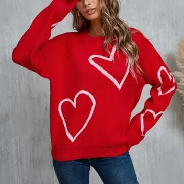 Women's Oversized Cute Heart Print Sweaters Fashion Long Sleeve Sweaters Crewneck Loose Pullover Knitted Tops (Red, L)