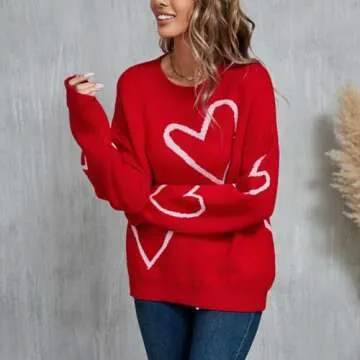 Women's Oversized Cute Heart Print Sweaters Fashion Long Sleeve Sweaters Crewneck Loose Pullover Knitted Tops (Red, L)