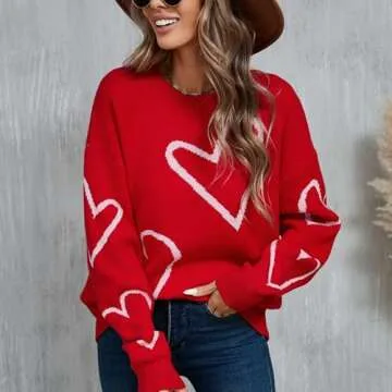 Women's Oversized Cute Heart Print Sweaters Fashion Long Sleeve Sweaters Crewneck Loose Pullover Knitted Tops (Red, L)
