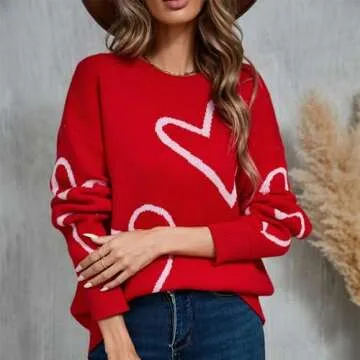Women's Oversized Cute Heart Print Sweaters Fashion Long Sleeve Sweaters Crewneck Loose Pullover Knitted Tops (Red, L)