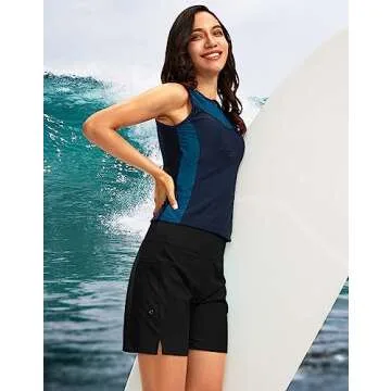 G Gradual Women's 7" Long Swim Board Shorts High Waisted Quick Dry Beach Swimming Shorts for Women with Liner Pockets(Black,XL)