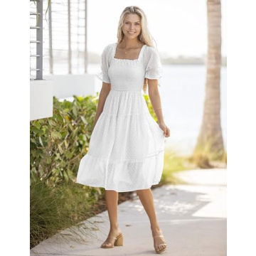 Elegant MEROKEETY White Midi Dress with Puff Sleeves