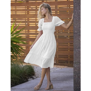 Elegant MEROKEETY White Midi Dress with Puff Sleeves