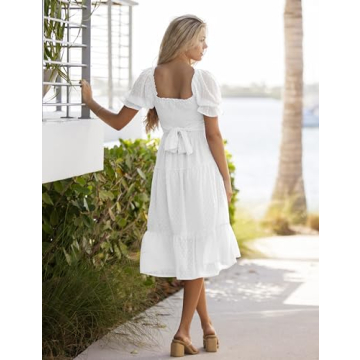 Elegant MEROKEETY White Midi Dress with Puff Sleeves