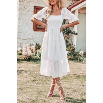 Elegant MEROKEETY White Midi Dress with Puff Sleeves