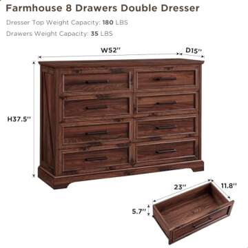 ACCOHOHO Farmhouse 8 Drawers Dresser Chests for Bedroom,52" Wide Wood Rustic Chest of Drawers with M...