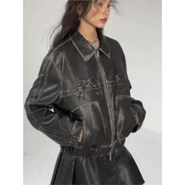 Y2k PU Leather Jacket Fashion Women Zipper Polo-Neck Sweet Cool Coat Autumn Vintage Street Oversize Top