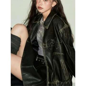 Y2k PU Leather Jacket Fashion Women Zipper Polo-Neck Sweet Cool Coat Autumn Vintage Street Oversize Top