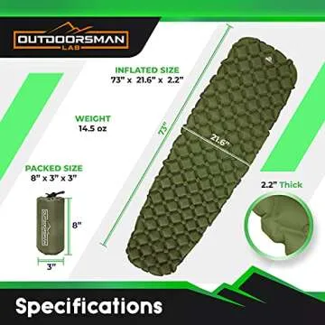 Outdoorsman Lab Sleeping Pad for Camping - Patented Camp Mat, Ultralight - Best Compact Inflatable Air Mattress for Adults & Kids - Lightweight Hiking, Backpacking, Outdoor & Travel Gear