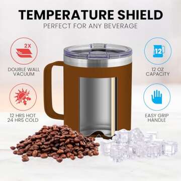 Zulay 12 oz Insulated Coffee Mug with Lid - Stainless Steel Camping Mug Tumbler with Handle - Double...