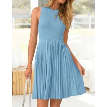 ZESICA Women's Summer Sleeveless Mini Dress 2025 Crewneck Knit A Line Pleated Swing Casual Basic Short Dress,Sky,Small
