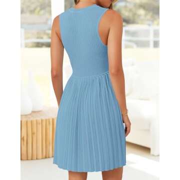 ZESICA Women's Summer Sleeveless Mini Dress 2025 Crewneck Knit A Line Pleated Swing Casual Basic Short Dress,Sky,Small