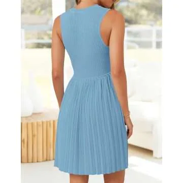 ZESICA Women's Summer Sleeveless Mini Dress 2025 Crewneck Knit A Line Pleated Swing Casual Basic Short Dress,Sky,Small