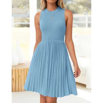 ZESICA Women's Summer Sleeveless Mini Dress 2025 Crewneck Knit A Line Pleated Swing Casual Basic Short Dress,Sky,Small
