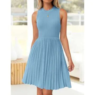 ZESICA Women's Summer Sleeveless Mini Dress 2025 Crewneck Knit A Line Pleated Swing Casual Basic Short Dress,Sky,Small