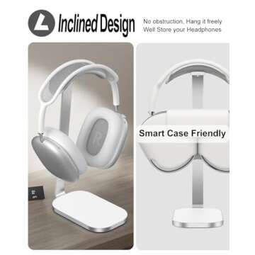 VICHYIE Headphone Stand for AirPods Max, Headset Holder with Aluminum Supporting Rod, Heavy Base Desk Stand Headphones Support Accessory for All Headphones - Silver White